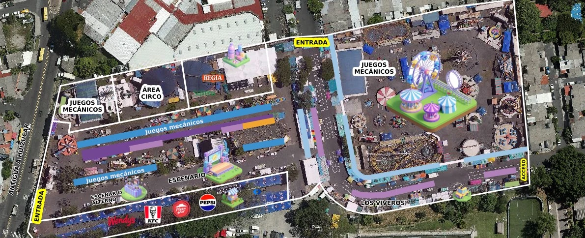Mapa del parque de diversiones SivarLand 2026 con ubicación de juegos mecánicos, escenarios, accesos, área de circo y zonas de restaurantes.